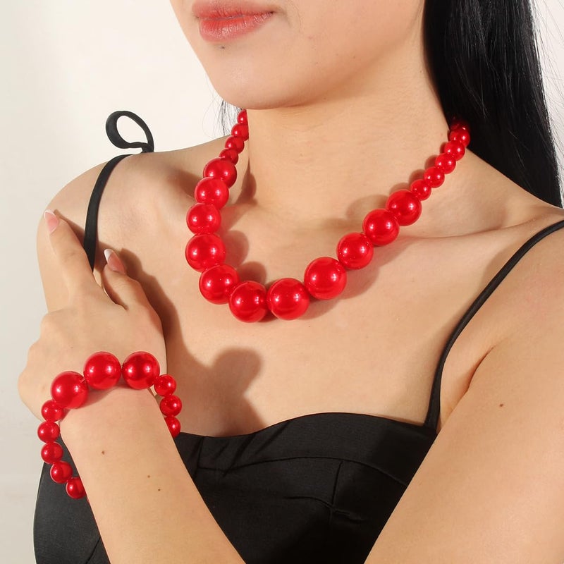 KOSMOS-LI Women's Large Big Simulated Red Pearl Statement 19" Necklace Bracelet and Earrings Jewelry Set Stocking Stuffers - Image 2